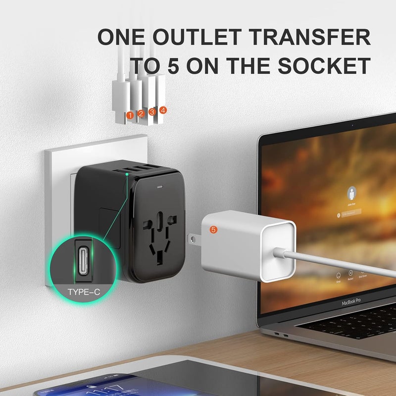 VYLEE Universal Travel Adapter, 5 in 1 International Power Adapter, 3.5A 2xUSB-A and 2xUSB C Wall Charger, Worldwide Travel Essentials Plug for Europe USA UK AUS Asia (Black) - Image 2